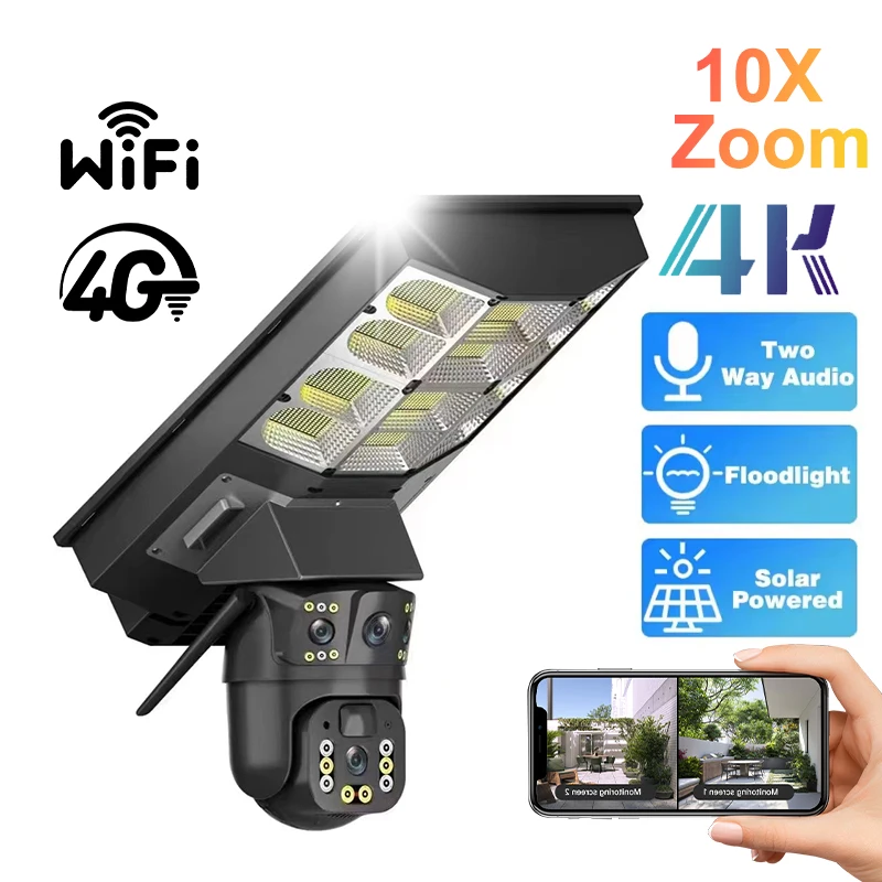 

Solar-powered 4K Outdoor Dual Lens Camera With 10X Zoom Motion Detection