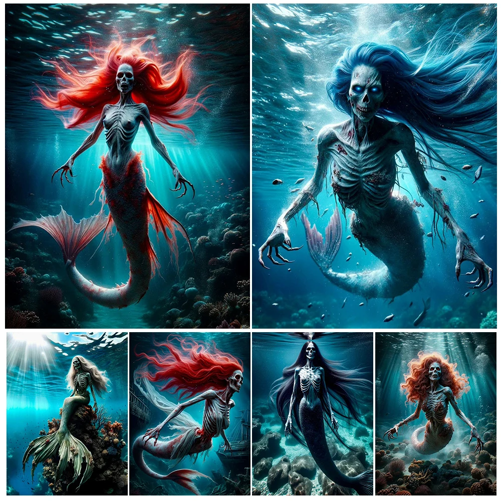 Zombie Mermaid Horror Abstract Wall Art Canvas Painting Creepy Mermaid Skeleton Fantasy Art Poster And Print Home Decor Unframed