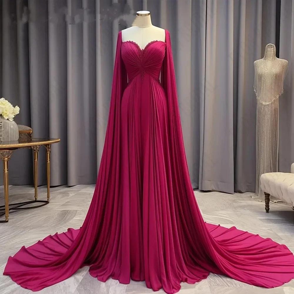 Elegant Red Chiffon A-Line Arabic Fuschia Sweetheart Evening Gowns Long Cape Sleeves Formal Occasion Dresses 2024 For Women