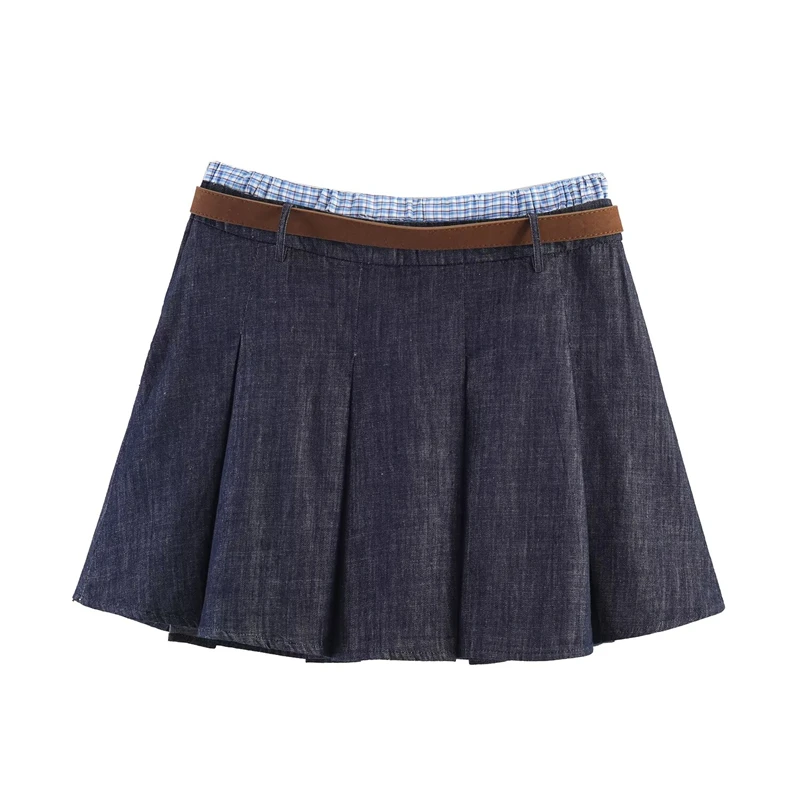 KEYANKETIAN 2026 Summer Y2K Vintage Pleated Denim Skirt Checkered Waist Trim, Belt Included & A-Line Silhouette Mini Skirt