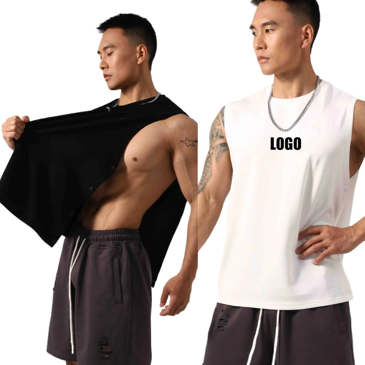 

Custom LOGO Men's Fitness Sports Loose Vest Design Sports Fitness Vest with hidden buttons on both sides