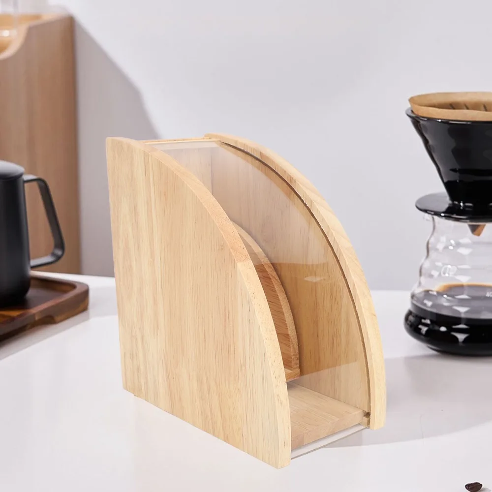 Solid Wood Coffee Filter Holder Large Capacity Dustproof Design Coffee Filter Organizer Fan Shaped Smooth Polished Edges