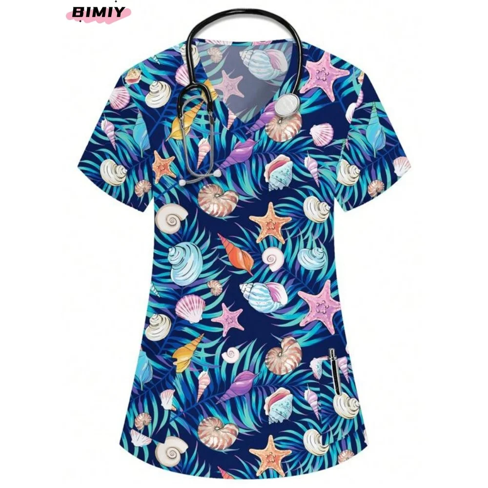 蝶スクラブトップス医療制服プリントスクラブトップ女性美容スパ制服医療看護作業服ドクターナーススクラブ