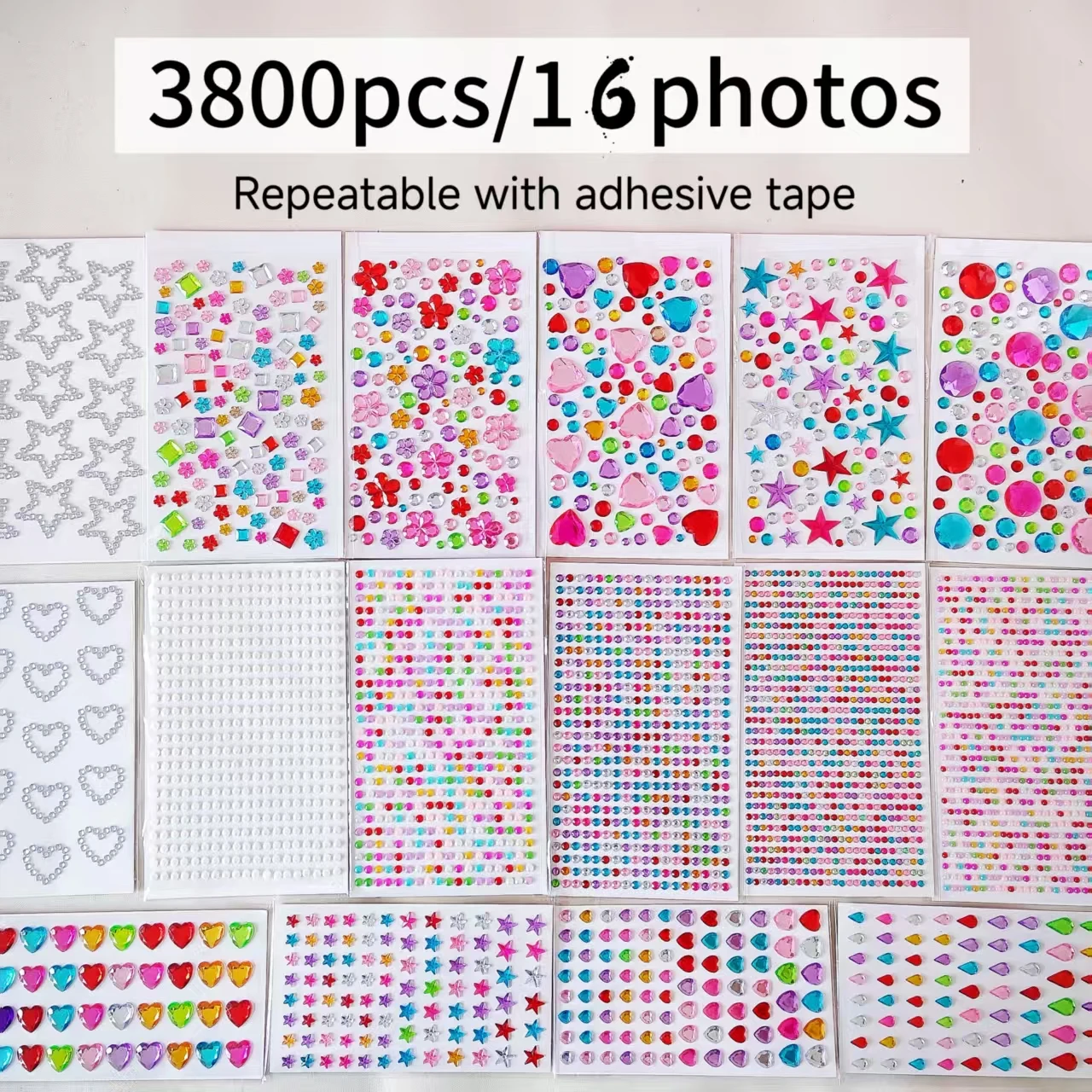 3800 Diamonds, 16 Sheets of Colorful 3D Rhinestone Stickers, Various Pattern Mix-And-Match Sets, Children's Sticker Stationery Suitable for DIY Face Decoration and Dress-Up