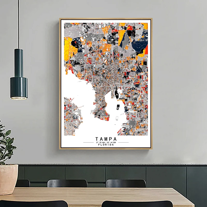 Tampa Florida America Colour World City Map Abstract Canvas Paintings Wall Art Print Poster Picture Home Decor