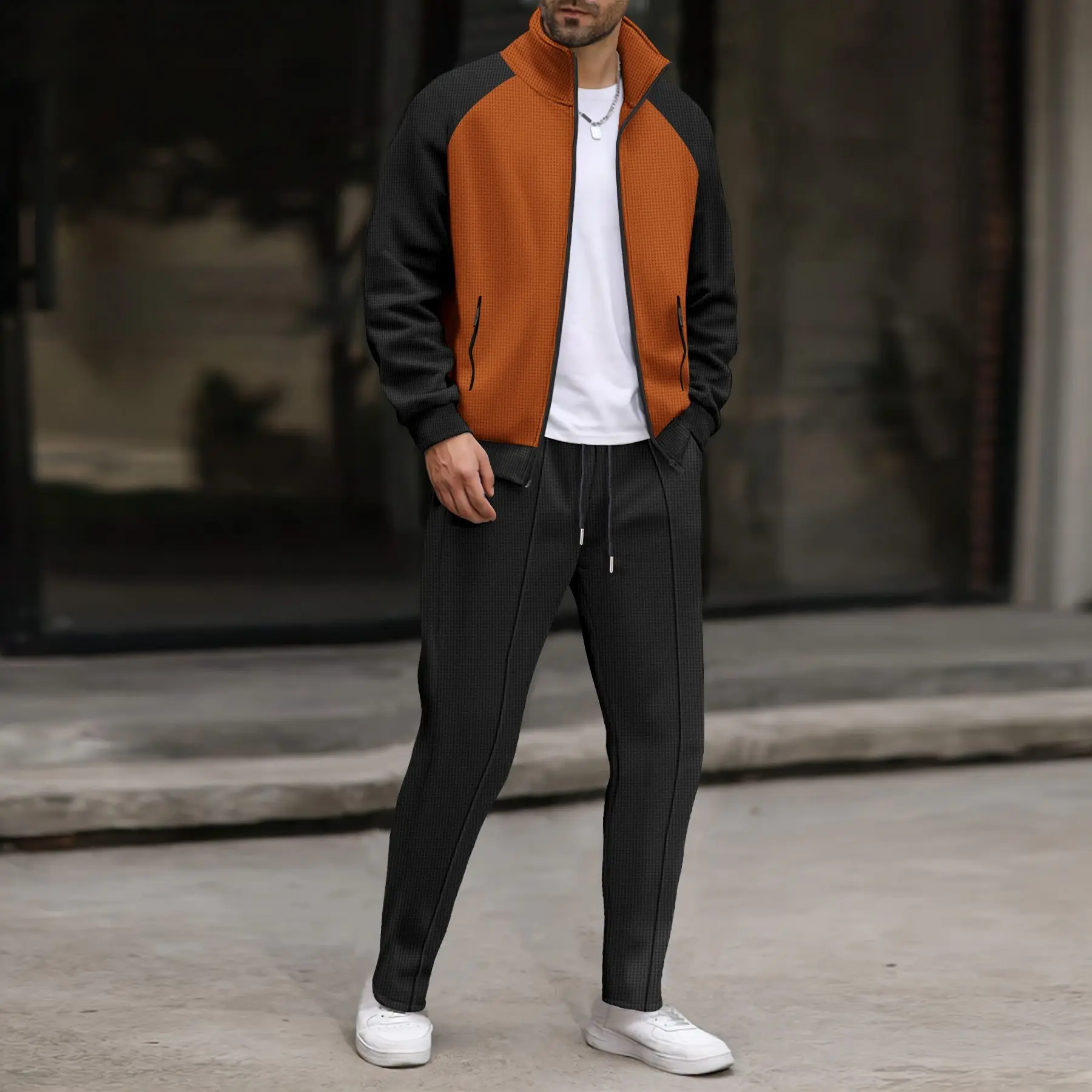 

Men's color-blocked checkered knitted sports outfit, zipper-front jacket and lace-up pants, a daily casual streetwear ensemble.