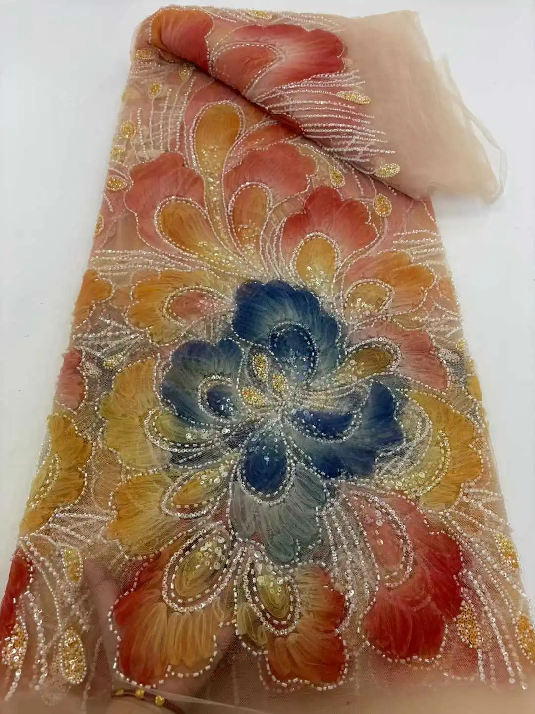 

French Nigerian Sequins Tulle Lace Fabrics 2025 High Quality African Handmade Beaded Tulle Lace Fabric for Wedding Dress