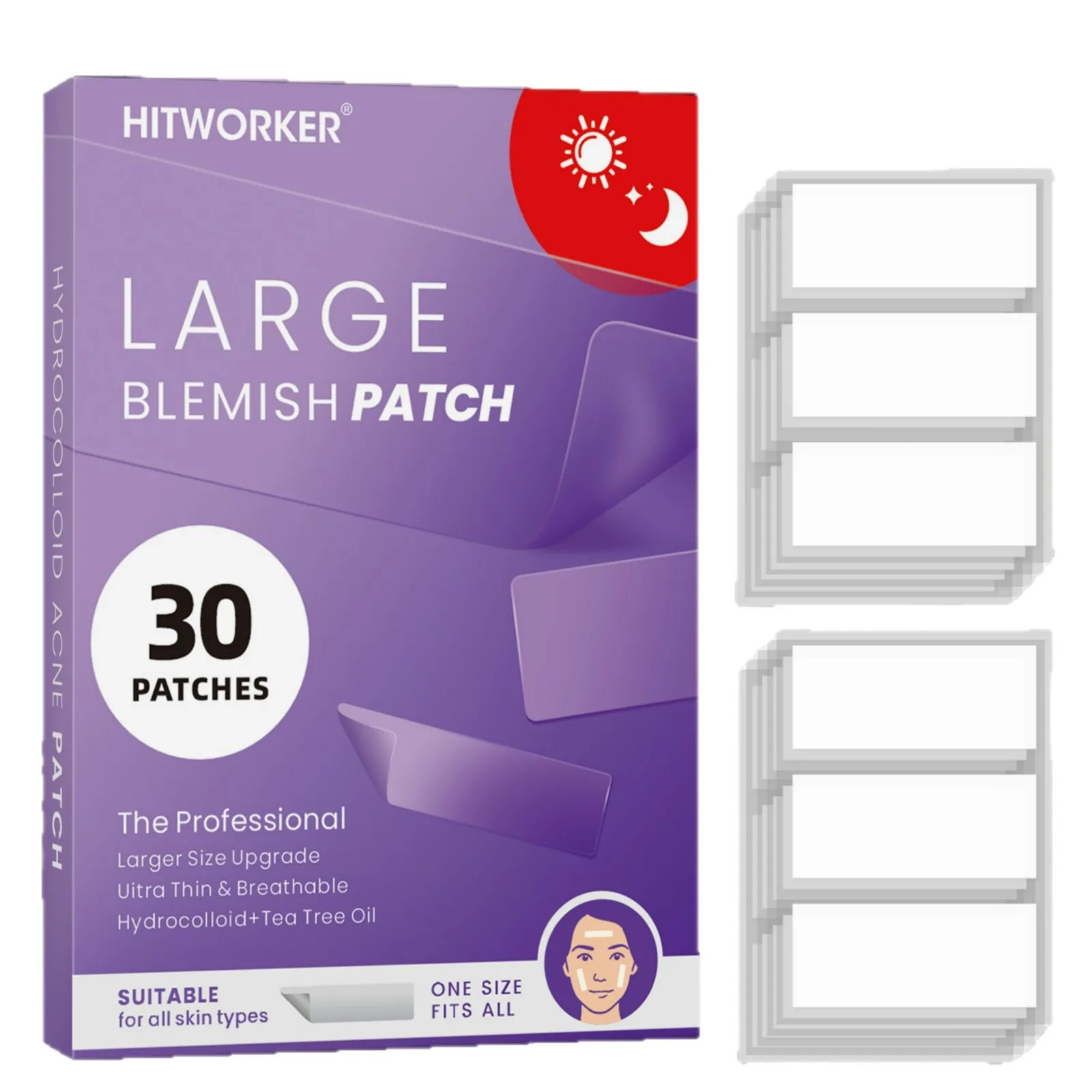 30pcs XL Long Square Acne Patches for Forehead Chin Back Body, Covers Acne, Conceals Pimples, Cleanses Skin, Invisible Strips
