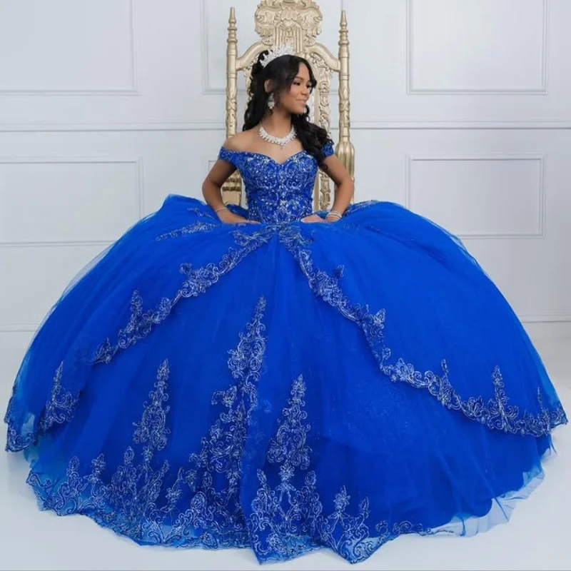 

royal blue Quinceanera Dress glitter Decal Lace layering flower Long tail Vestidos De 15 Quinceanera ﻿Customize
