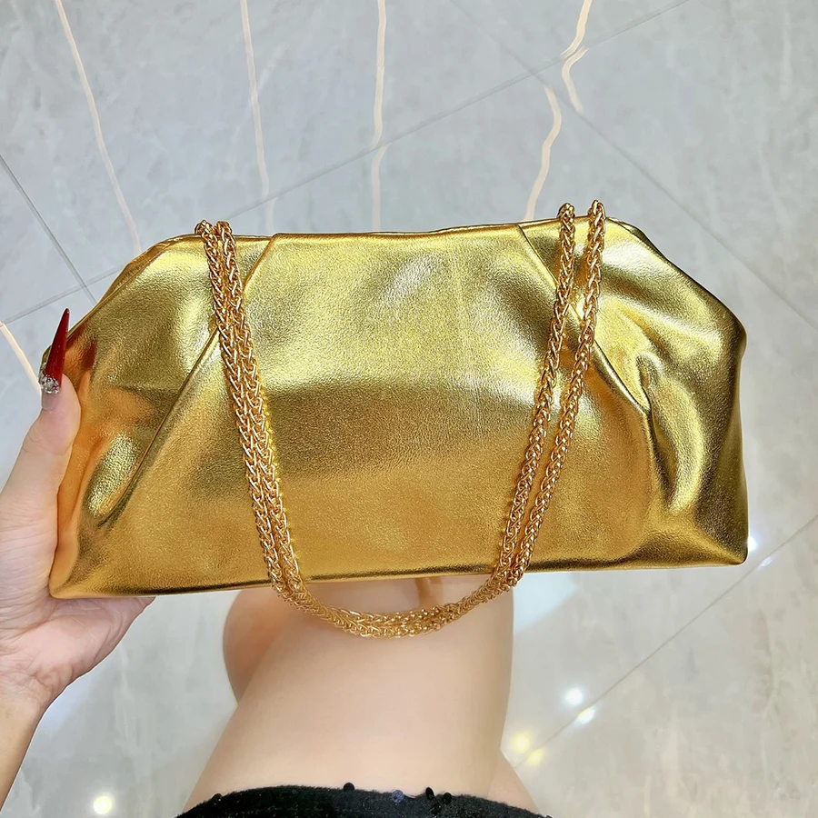 

Pu Leather Women's Chains Shoulder Bag Handheld Dumpling Bag Cloud Underarm Small Bag Foldable Wedding Evening Party Clutch Bags