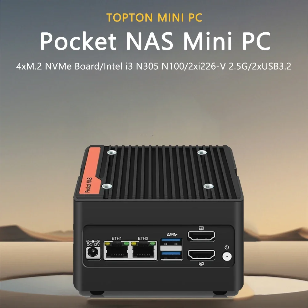 جهاز كمبيوتر صغير بدون مروحة Intel i3 N305 N100 Nas يدعم الكمبيوتر 4xM.2 NVMe 2xi226-V 2.5G إيثرنت على الأعمال المكتبية الصناعية