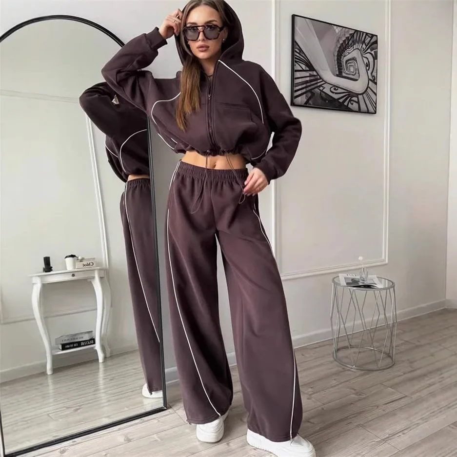 Women Casual Tracksuit 2 Piece Set Long Sleeve Zip Up Hoodie Jacket Elastic Waist Pants Solid Color