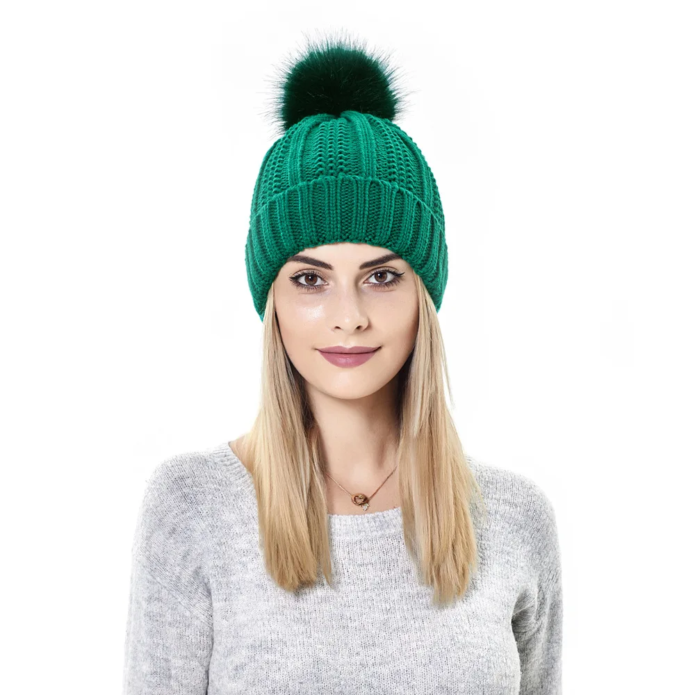 

Women's Winter Soft Knit Beanie Hat with Faux Fur Pom Pom Warm Girls’ Skull Cap Knitting Beanies
