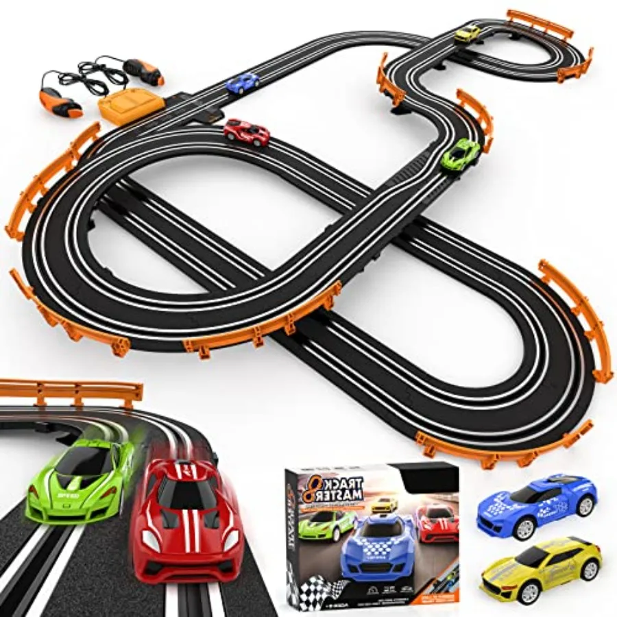 Slot Car Race Track Set For Indoor Racing Application, Plastic And Metal Materials, Red And Blue Colors, Includes 4 High-Speed