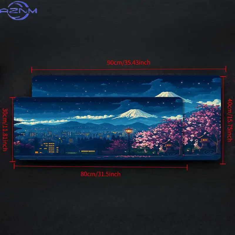 1pc of a Tempered Glass Mouse Pad Featuring Mount Fuji And a Night View of Cherry Blossoms. This Non-Slip, Extended Mat Is Perfe