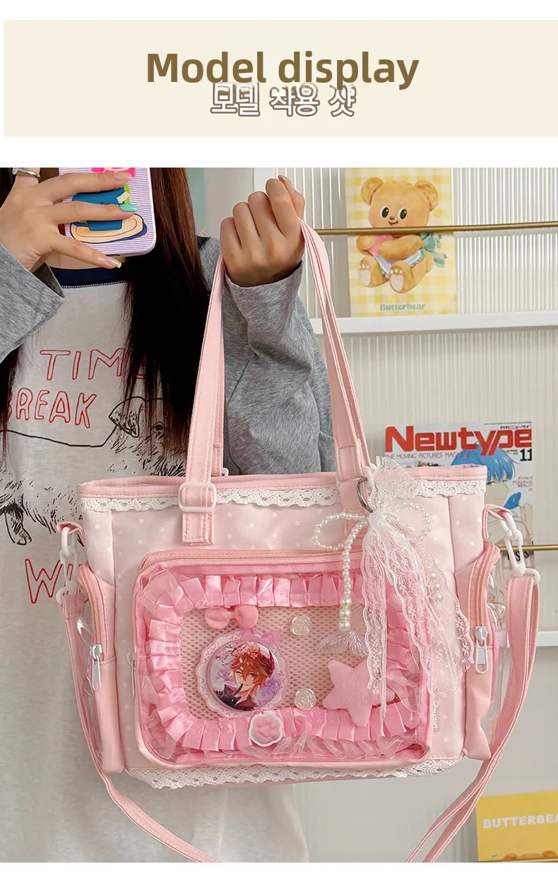 Neue Kawaii Leichte Umhängetasche Anime Transparente Ita-Tasche Damen Schulter-Crossbody-Tasche Modische Polka-Dot-Schleifen-Tragetasche – Detail 11