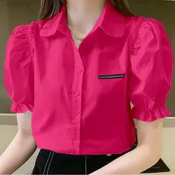 Blusa de manga corta con cuello de Polo para mujer, camisa juvenil que combina con todo, Tops de temperamento, ropa de moda, Color sólido, novedad de verano