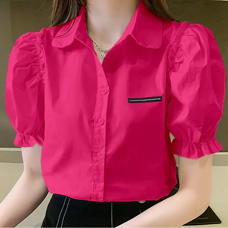 Summer New Solid Color Polo Neck Blouse Short Sleeve Button All-match Youth Shirt Tops Temperament Fashion Women Clothing