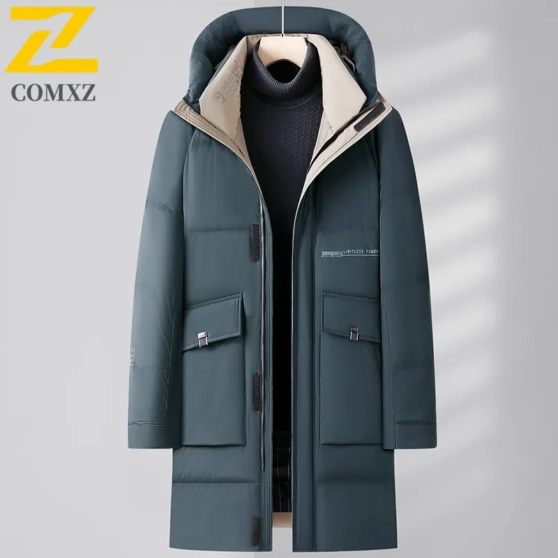COMXZ New Puffer Coat Men Hooded Outdoor Hiking Waterproof Coat Casual Mountaineering Warm Cold Protection Mid Long Garment 2025