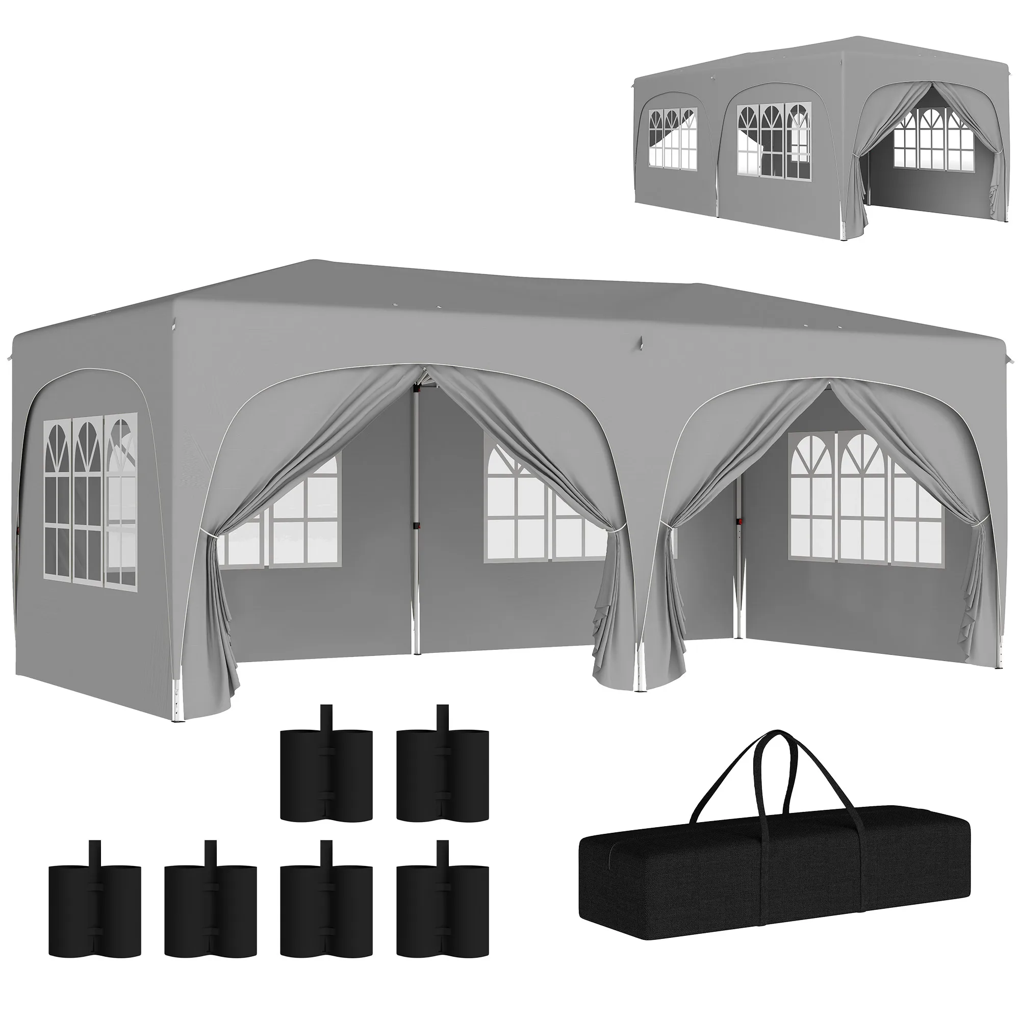 Gazebo Plegable Outsunny de 3 x 6 m, UPF50+, Altura Ajustable, con Bolsa de Transporte y Bolsas de Arena, Gris Claro