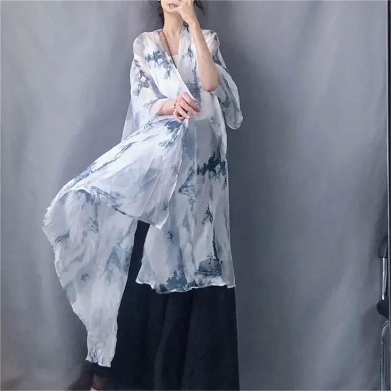 Vintage Buttonless Sun Protection Large Jacket with Ink Painting Loose Three Quarter Sleeves Chiffon Elegant LightThin Cardigan