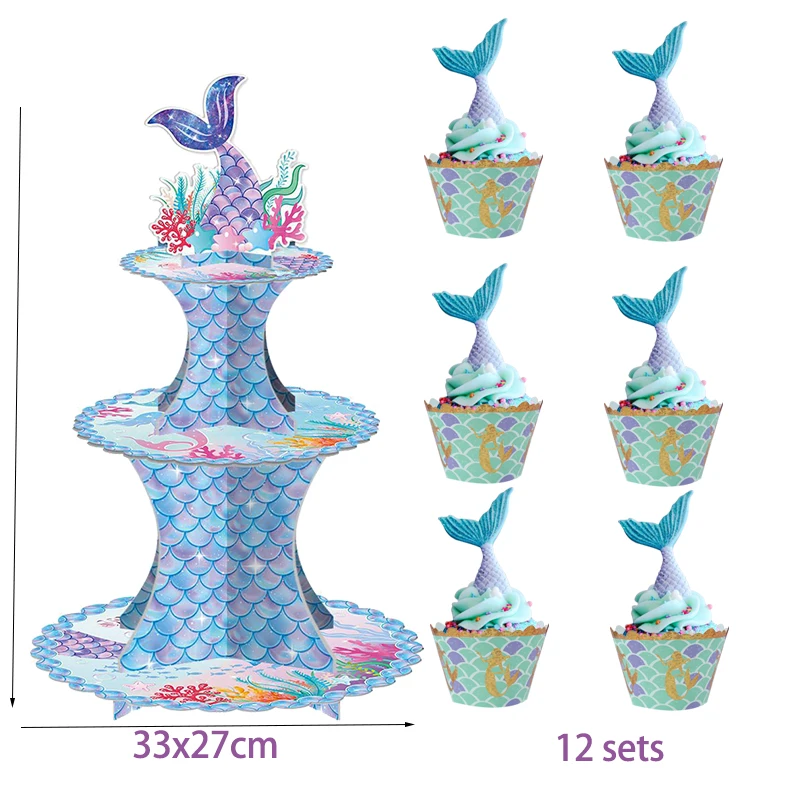 3 레이어 인어 컵케이크 스탠드, 인어 꼬리 컵케이크 거치대 소녀, 인어 테마 파티, 베이비 샤워, 생일 파티 선물