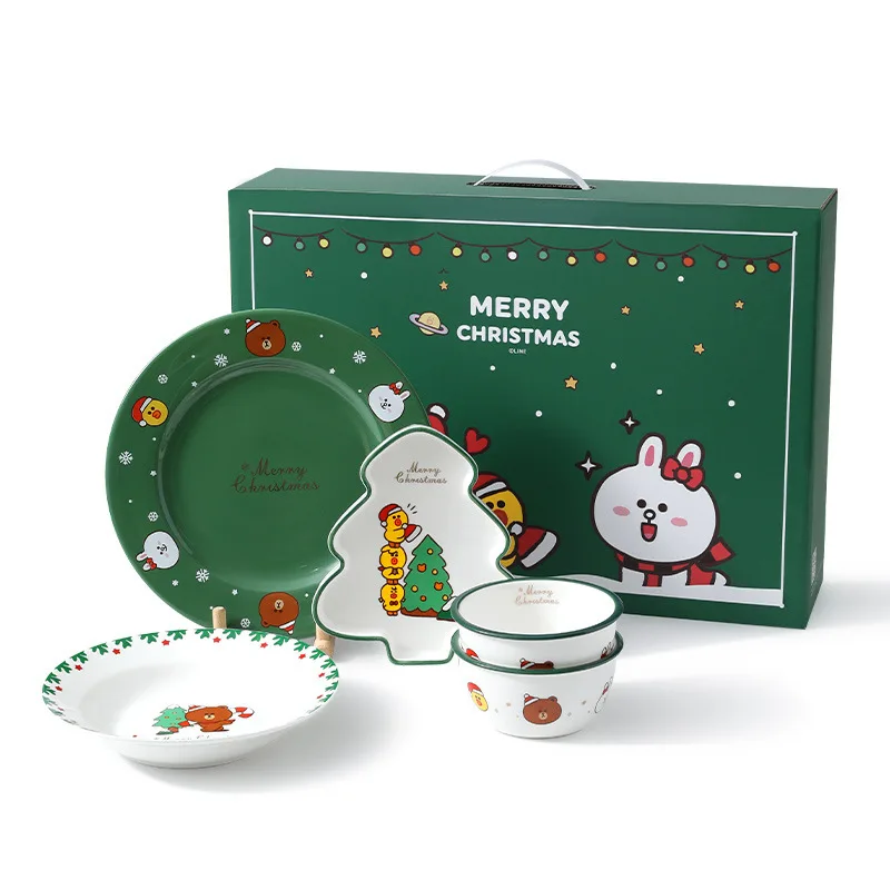 Line Friends Christmas Tableware Set Cartoon Christmas Rice Dishes Set Cute Girl Cartoon Christmas Party Ceramic Plate Gift