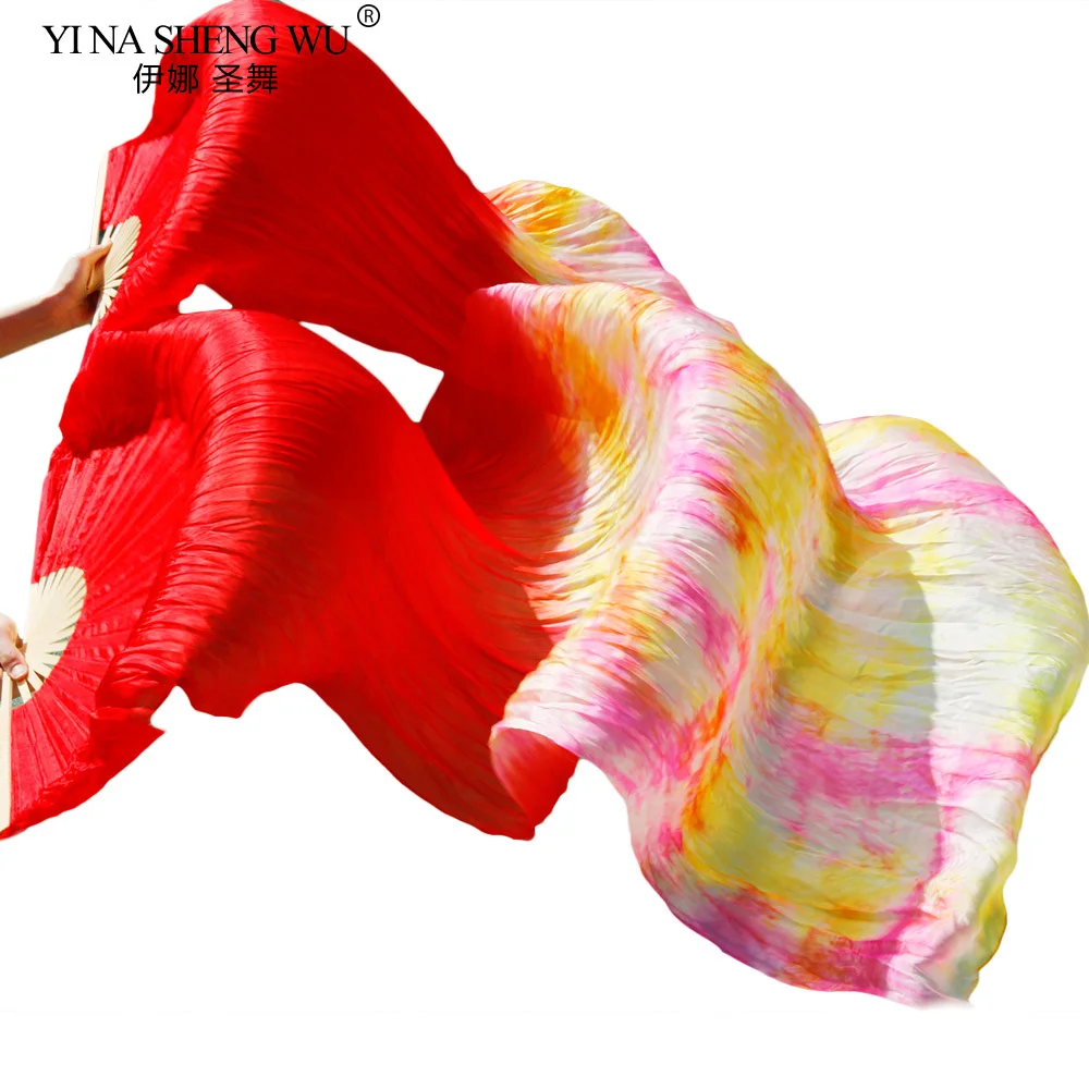 Éventails de danse pour femmes, 100% soie, couleurs mélangées, rouge + accessoires de danse multicolores, 180x90cm, voiles pour danse du ventre (2 pièces)
