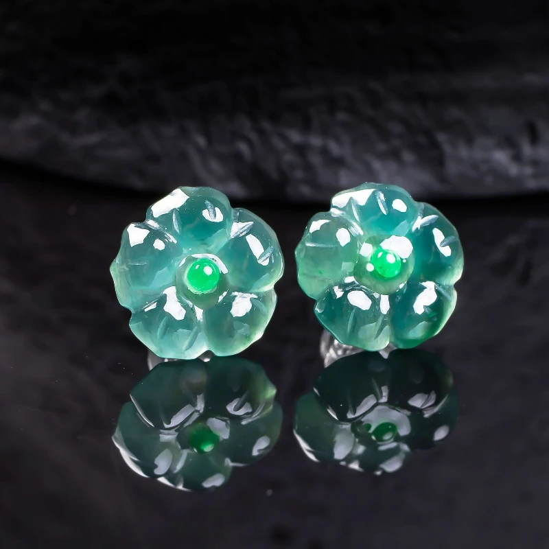 

S925 Silver Inlaid Natural Jade Plum Blossom Earrings Exquisite High Ice Jadeite Women's Earring Fashion Personality Girl Gift