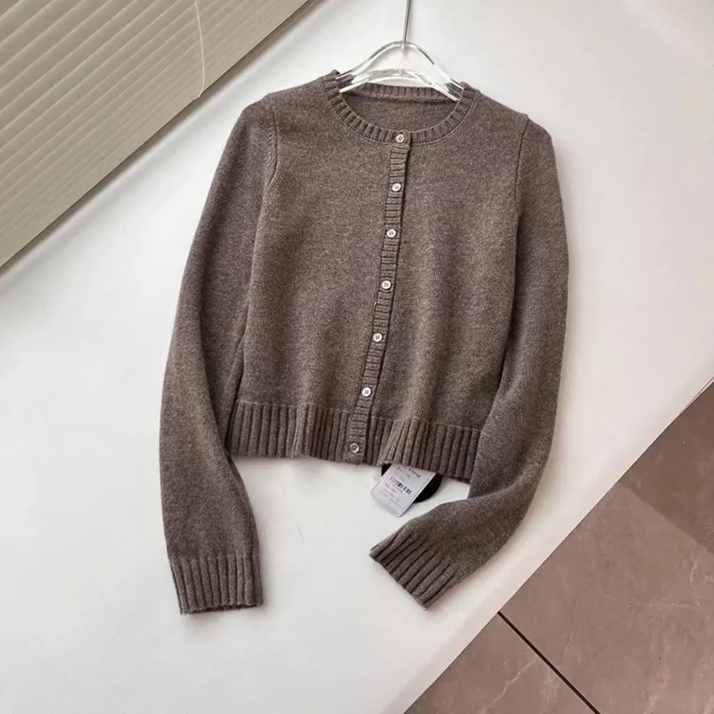 

Women's Solid Color Basic Knitted Cardigan Slim-Fit Long Sleeve Sweater Single Row Buckle Autumn New American Style Spice Girl