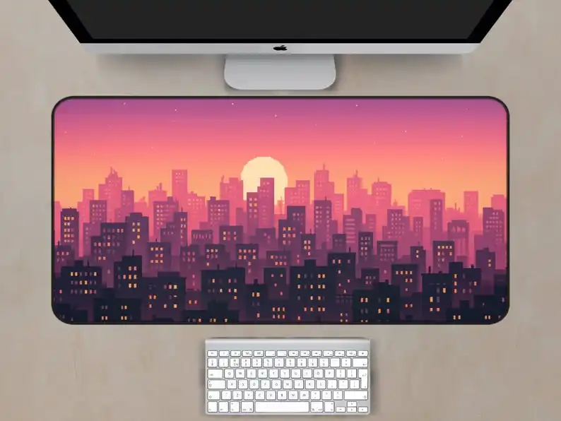 City Desk Mats, Low-fidelity Pixels Sunset Deskmat, Warm Gradient Pixel Art Skyline Mouse Pad, Pixel Deskmat,Pixels Art Desk Mat