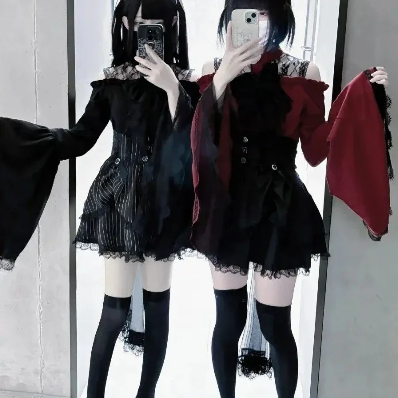 Japonês lolita kawaii blusa feminina y2k arco estético todos os jogos jk blusas de mujer oco fora do ombro rendas retalhos camisas