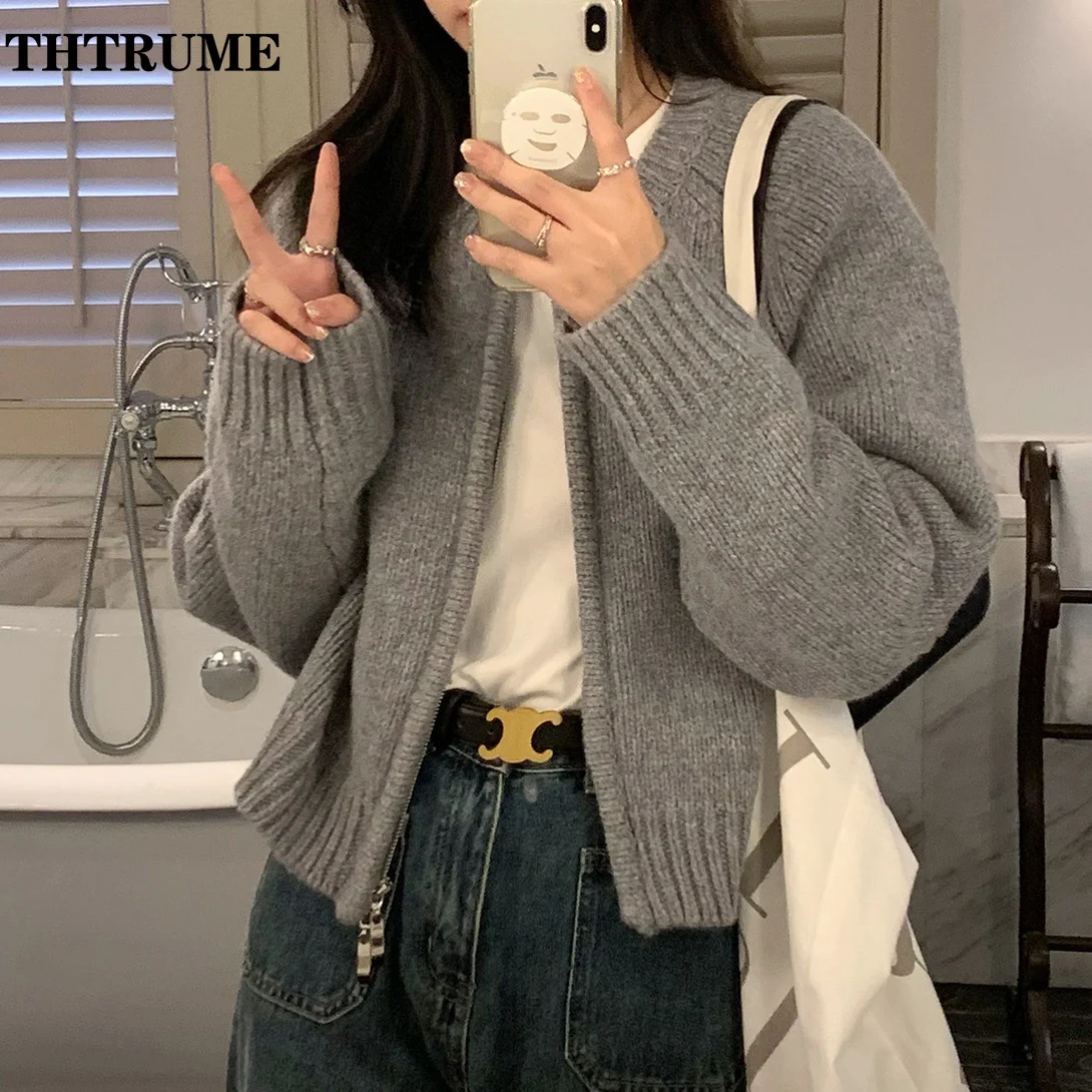 Fashion Solid Round Neck Sweater Elegant Zipper Long Sleeve Autumn Winter Knit Vintage Jumpers Casual Office Lady Chic Cardigan