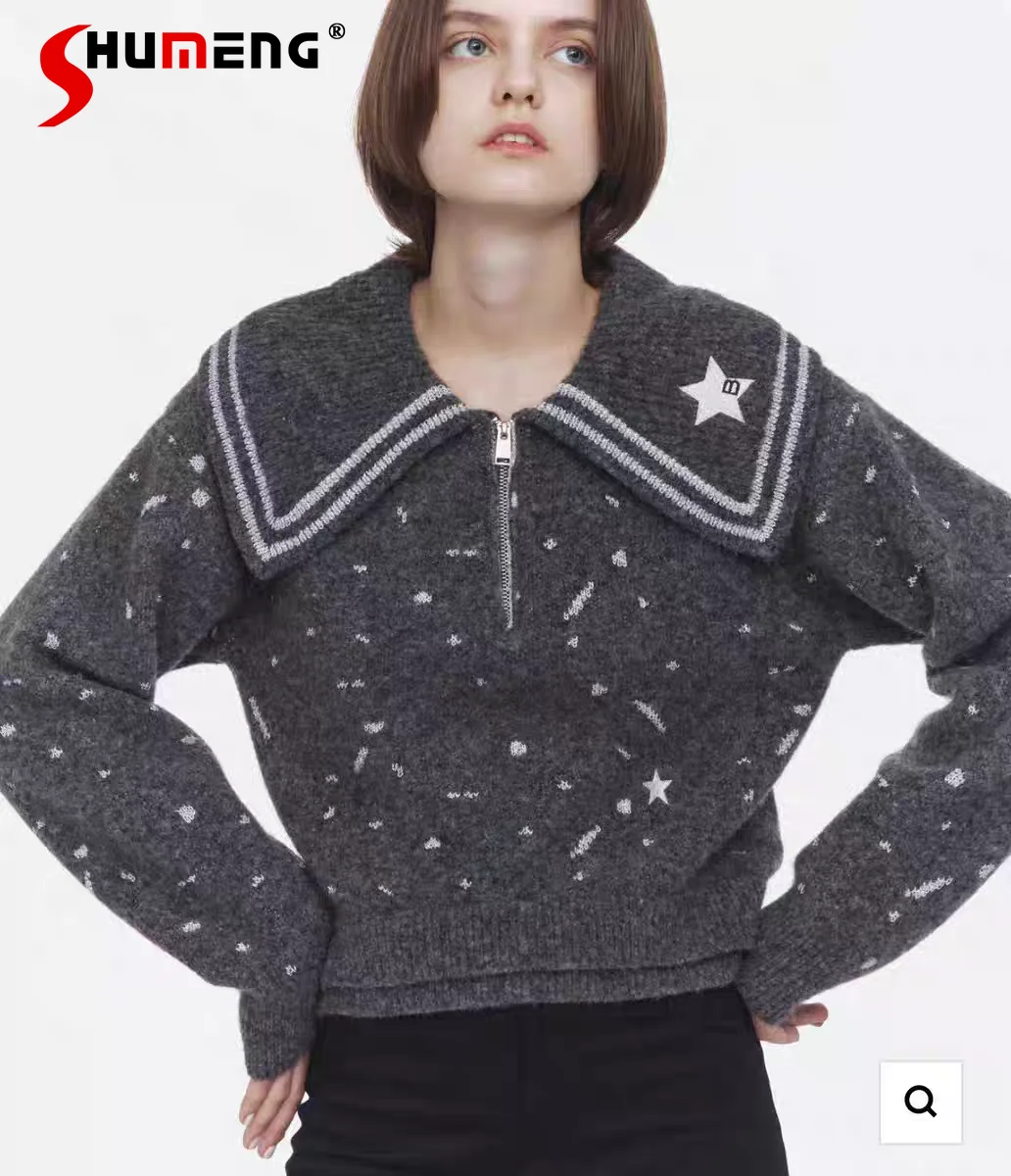 

Japan Style Silver Thread Embroidered Stars Women's Knitted Sweater Large Lapel Short Pullover Sweaters Knitwear Autumn Winter