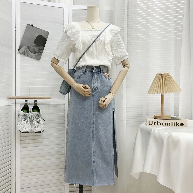 Jupes longues en jean trapèze taille haute pour femmes, Sexy, avec kets, pour les déplacements, couleur Pure, pour jeunes femmes, été 2023