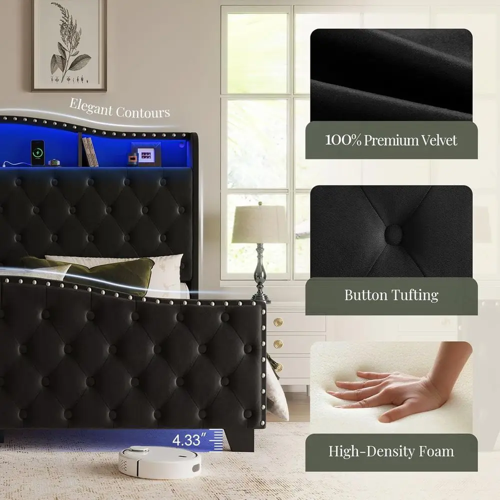 Belin King Size Bed e and board, 50.9" Velvet Upholstered Wingback Bede with LED Lights & Storage/Charging Station, Button Tuted image 6