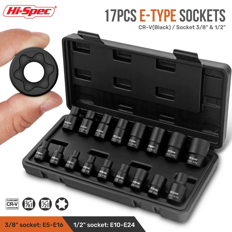 

Hi-Spec 9pcs 1/2" Torx Star Socket Set E Type E10 E11 E12 E14 E16 E18 E20 E22 E24 Hand Repair Tools For Torque Ratchet Wrench