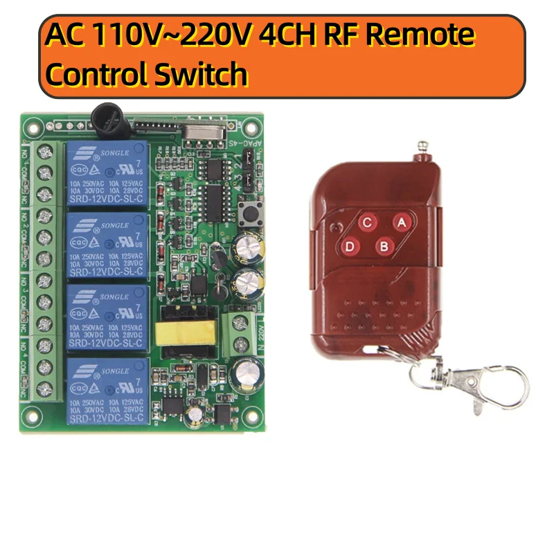 

4CH RF Wireless Remote Control Switch AC 110V-220V 4-Channel Relay, Suitable For Switches Of Lamps, Fans, Water Pumps And Motors