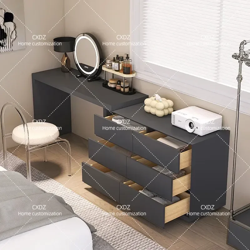 Italian Minimalist Retractable Dresser Desk Integrated Solid Wood Bedroom TV Cabinet Storage Modern Paint Computer Chest