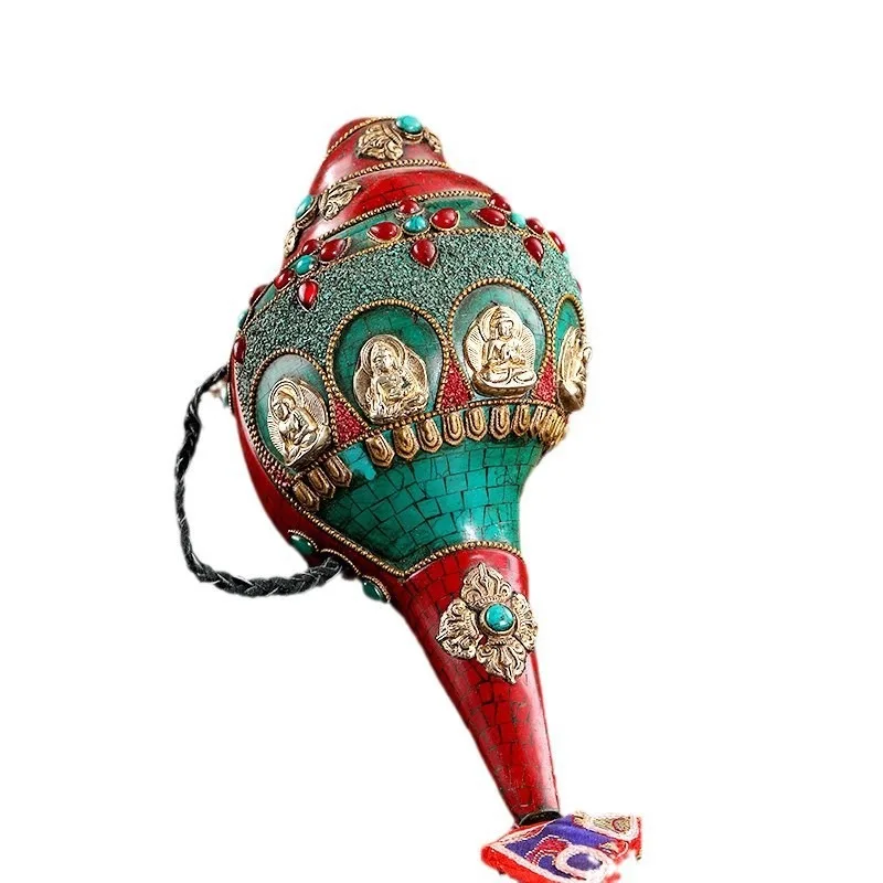 Nepalese handmade Rover's left-handed and right-handed conch ornament, Tibetan-style painted inlaid with silver-plated
