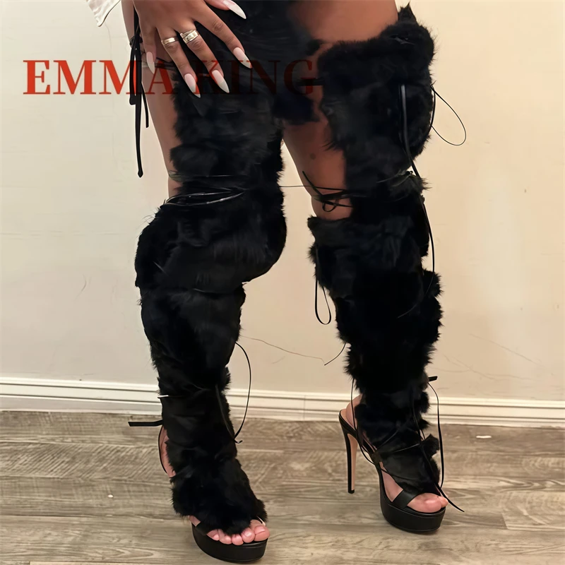 Faux Fur Wrap Cross Tied Platform Sandals Women's Sexy Open Toe Furry Gladiator Sandals Ladies Luxury Design Dress Party Shoes view 4