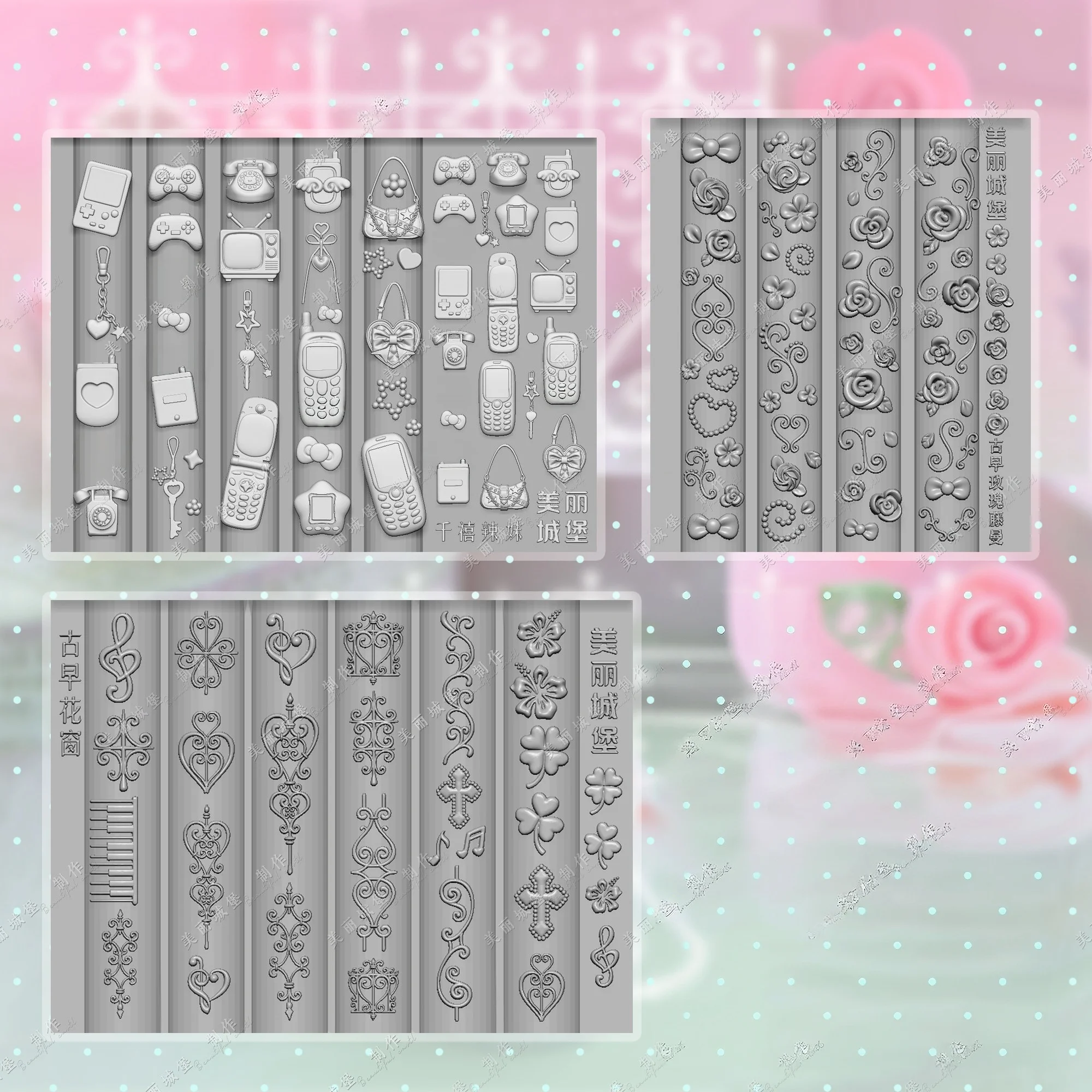 Ancient Rose Vine Girl Flower Window Mobile Fruit Party Button Mold Nail Transparent Silicone Mold for Nail Art—Box Packaging