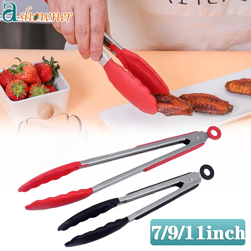 Silicone BBQ Grilling Tong Kitchen Cooking Salad Bread Serving Tong Non-Stick Barbecue Clip Clamp Stainless Steel Tools Gadgets