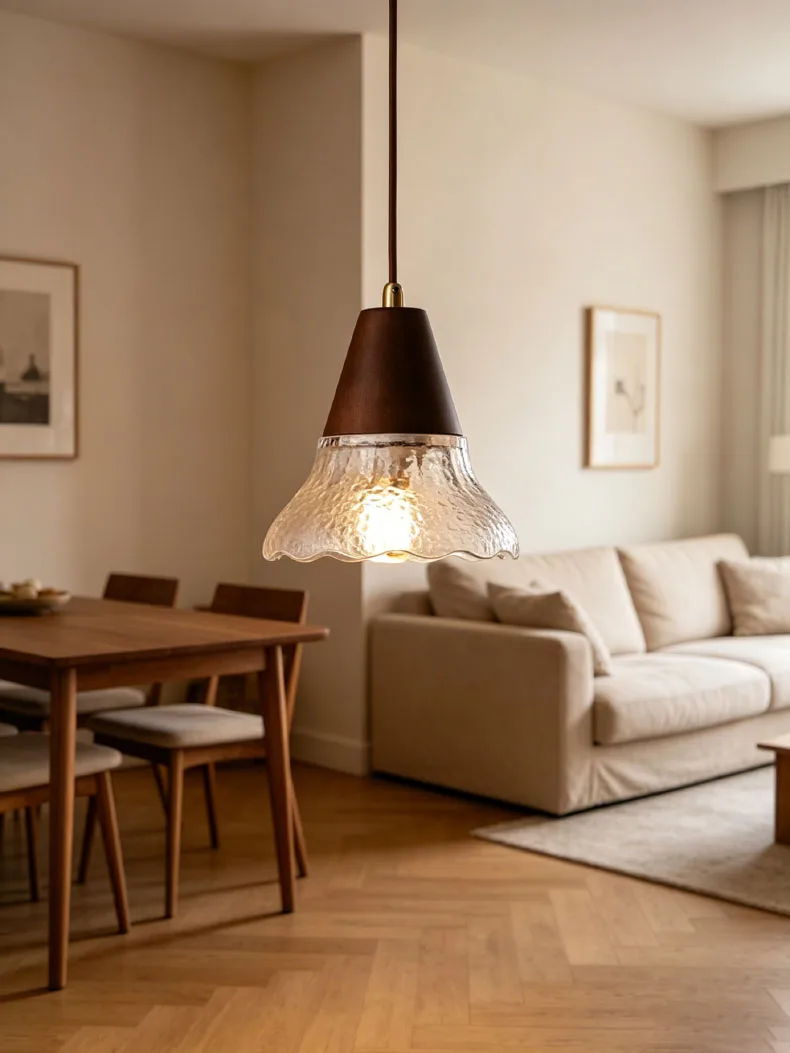 Glass Pendant Lamp Brown Wood