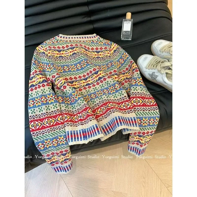 2024 nuovo Cardigan maglione stile etnico retrò Cardigan Mujer giacca per le donne maglione lavorato a maglia Crop Top manica lunga Casual inverno