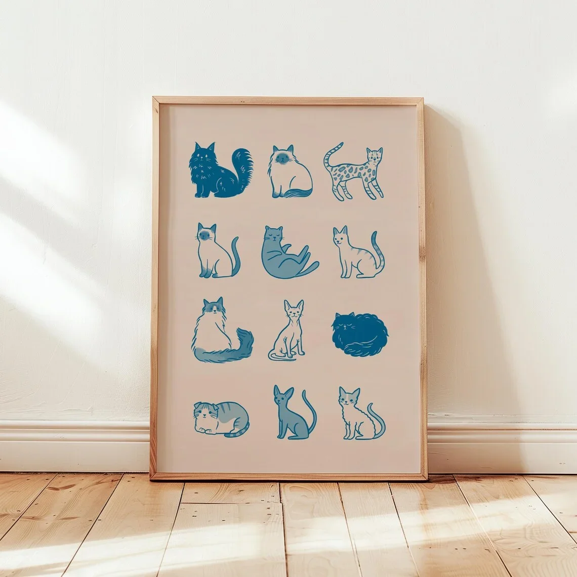 Minimalist Blue Cat Breed Chart Wall Print Decor - Stylish Line Art Illustration Featuring 12 Different Cat Breeds in a Cohes