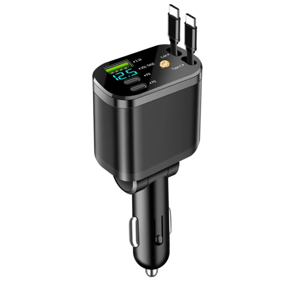 5-in-1 Einziehbares Auto-Ladegerät USB Typ C PD Einziehbares Kabel für iPhone Samsung Schnellladekabel Zigarettenanzünder-Adapter