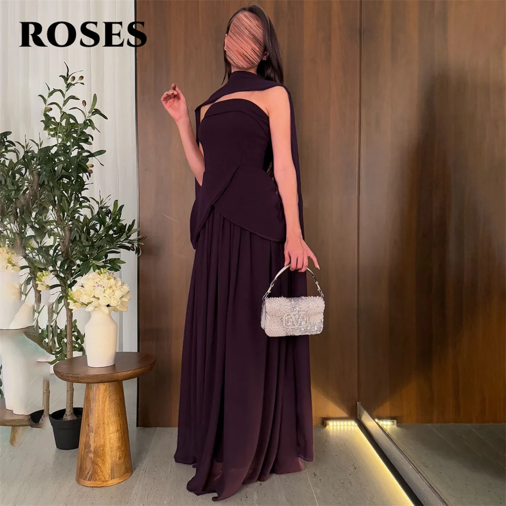 Vestido de noche de rosas de gasa púrpura de Arabia Saudita, vestidos de graduación sin tirantes, vestidos de noche de fiesta con cuello Halter para mujer personalizados