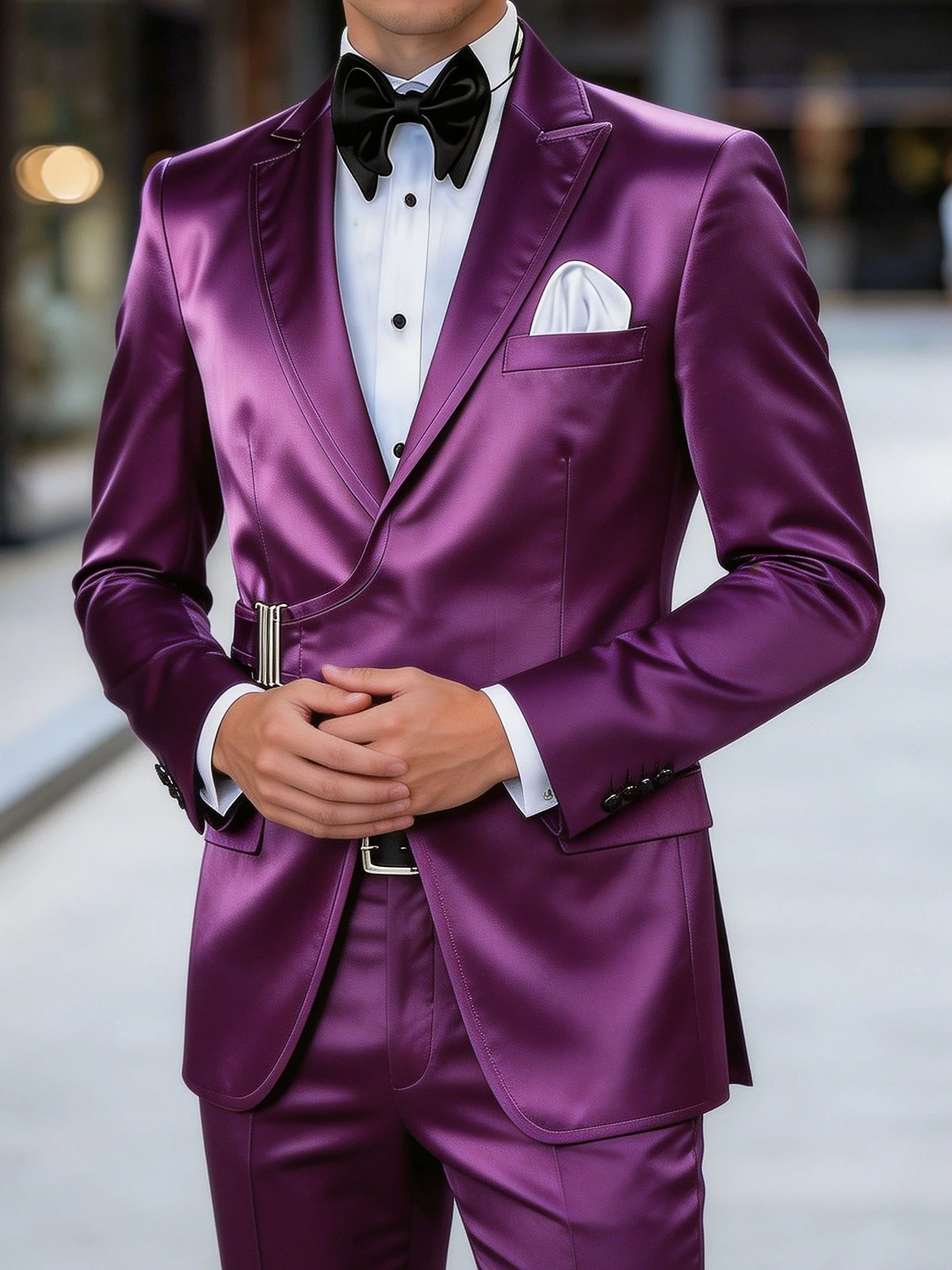 Mens Luxury Solid Blazer Jacket Slim Fit Casual Metal Buckle Belted Suit Coat Stylish Purple Satin One Button Sport Coat Tuxedo