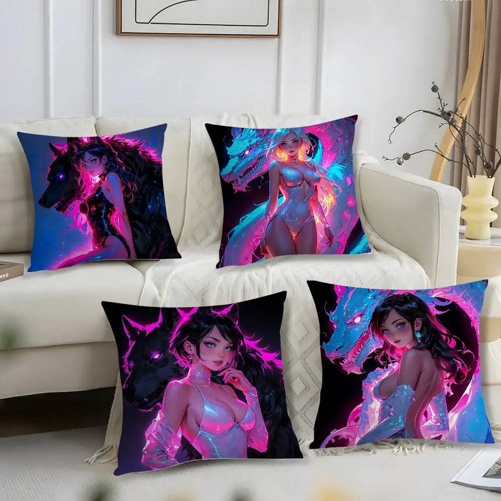 Sexy and Wild Wolf Girl Pillow Case Short Plush Print Cushion Cover Square Throw Pillow Covers Sofa Home Decor